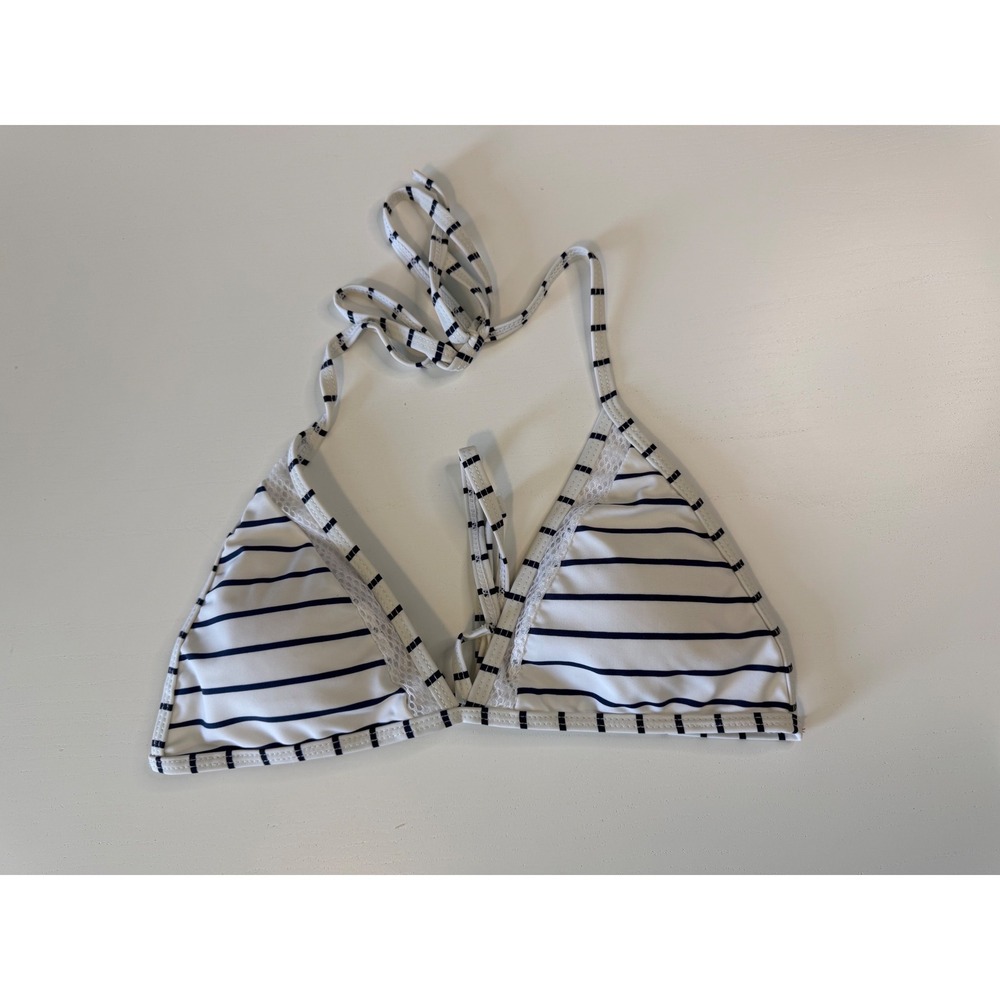White Navy Blue Striped Triangle Bikini Top Lace Trim Halter Swim Small